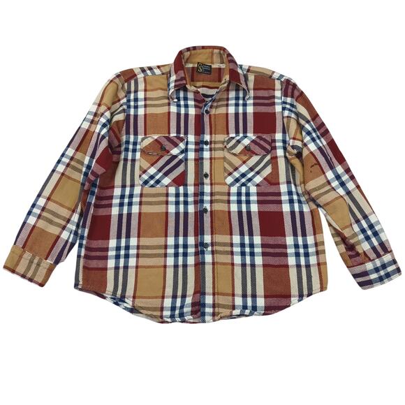 Vintage 1970s Columbia Button Down‎ Shirt Plaid Flannel Tan Red Men's Size Large - Picture 1 of 8